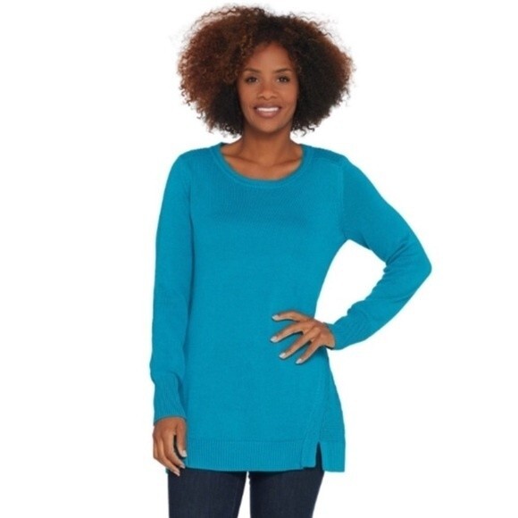 H by Halston Crewneck Tunic Sweater with Forward Notch Detail in Dark Aqua NWOT - Picture 1 of 8